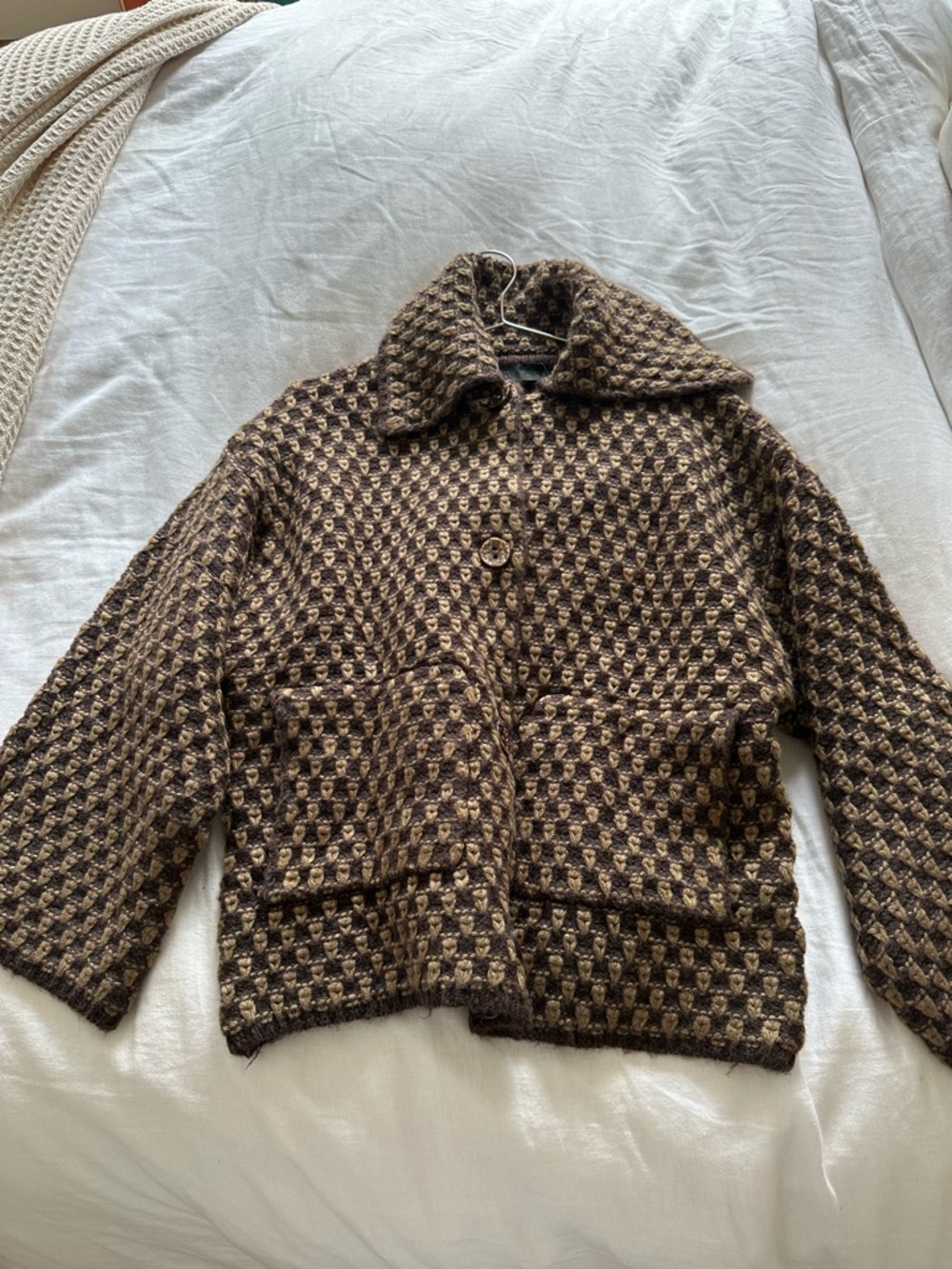 Zara Brown Patterned Wool-Blend Pea Coat - Picture 3 of 6